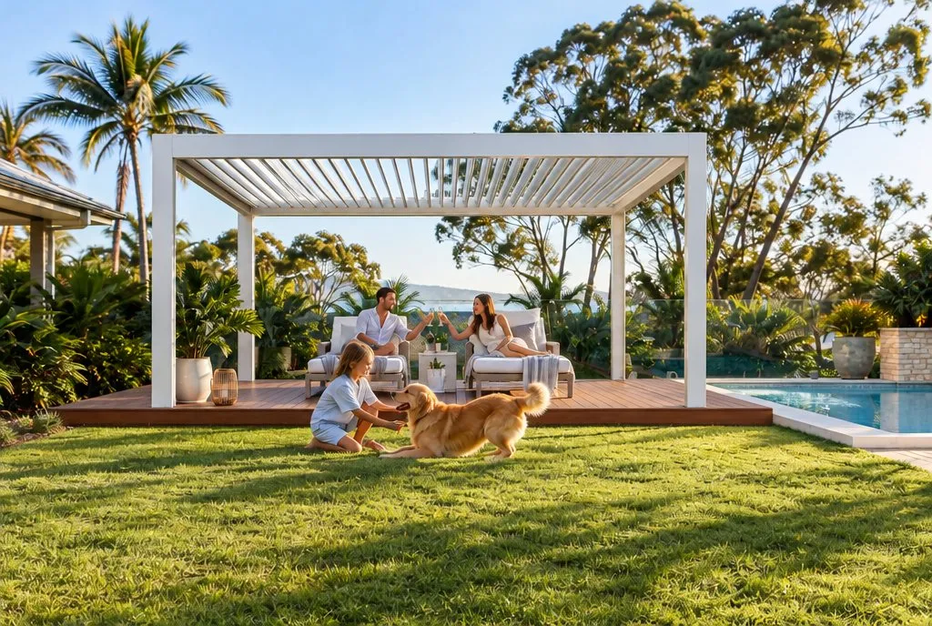 A couple toasting under a white louvre pergola on the deck while their daughter plays with the dog on the lawn