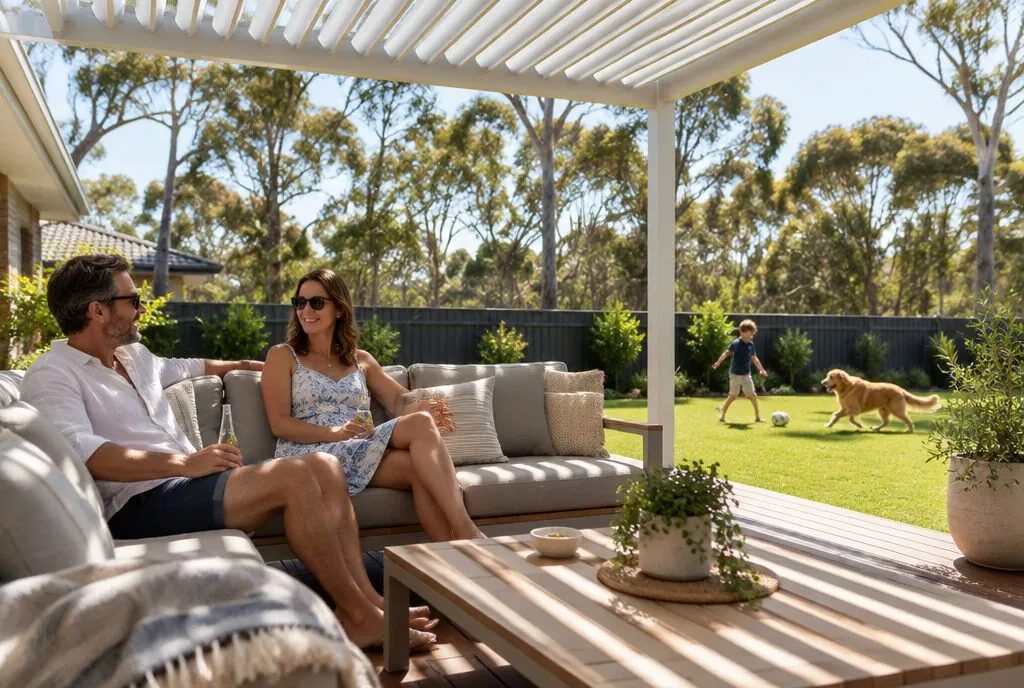 A couple relaxing under a white louvre pergola while their kid and dog play on the lawn
